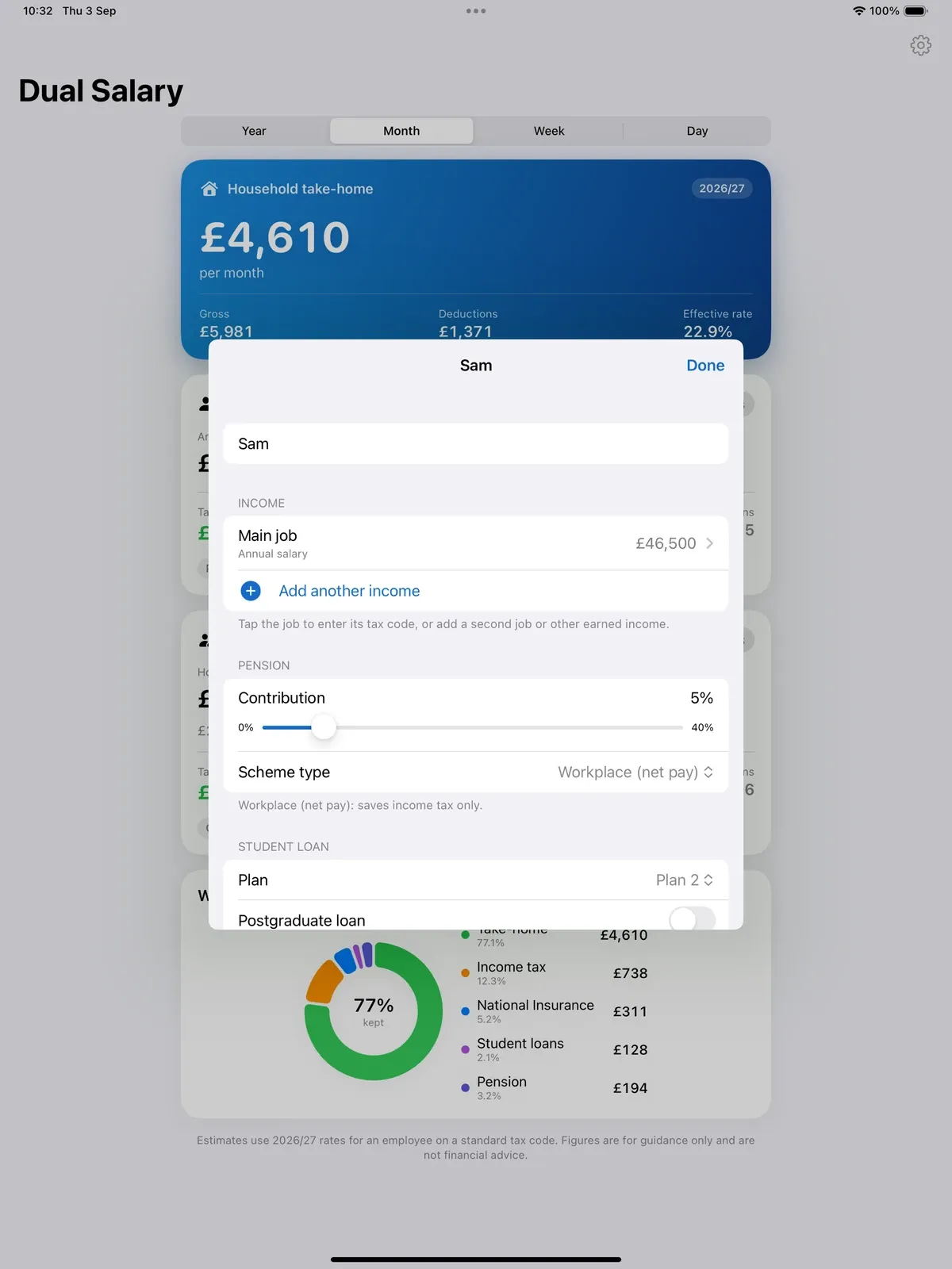 UK Dual Salary Calculator screenshot 5 (light mode)