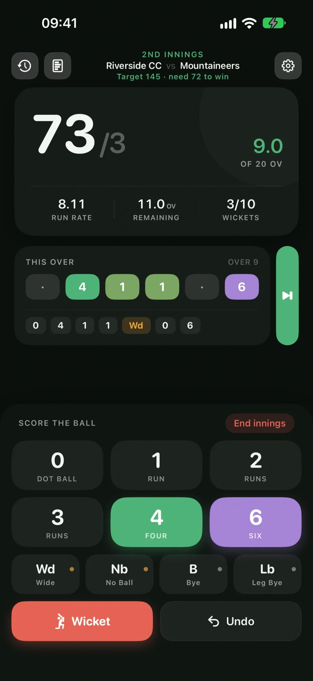 Umpire Score screenshot 2 (dark mode)