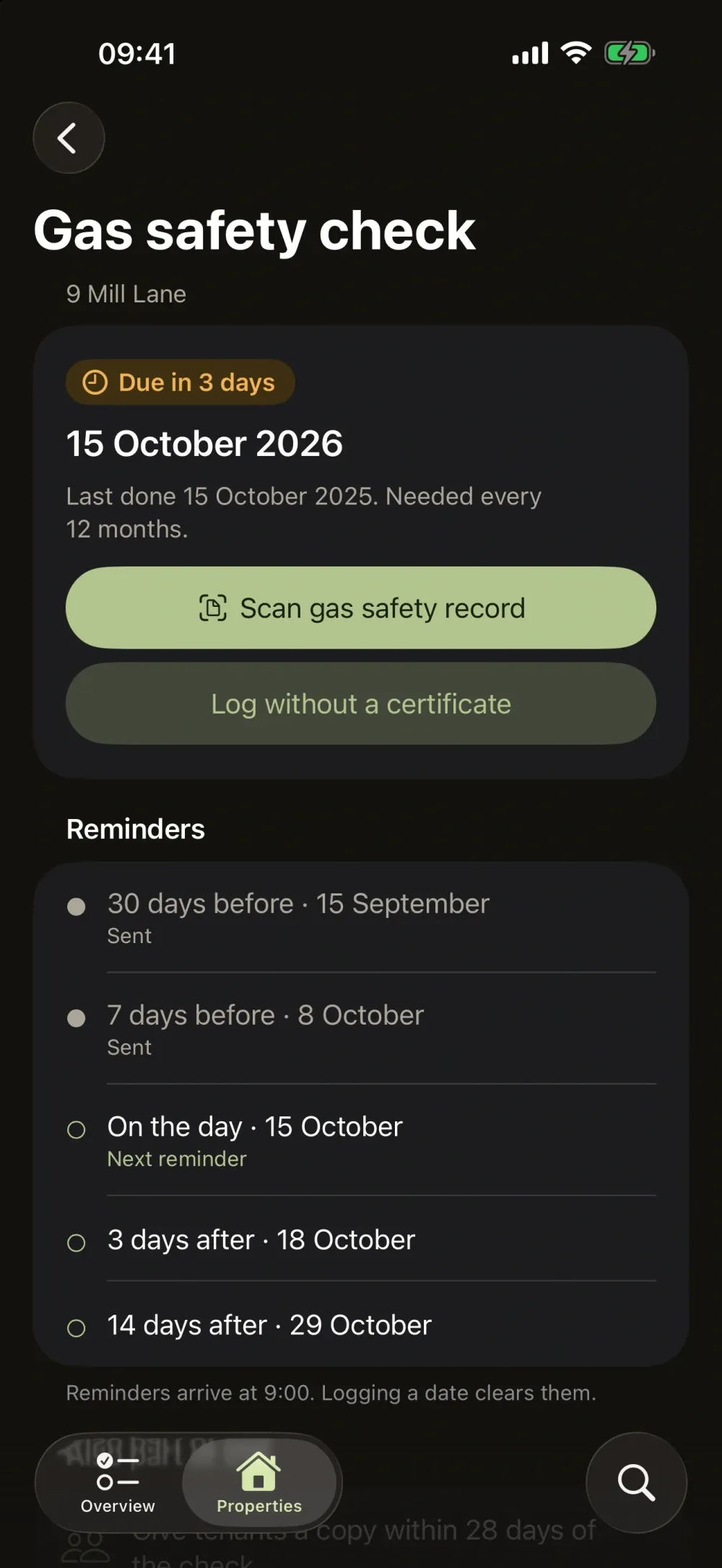 Lintel: Landlord Logbook screenshot 4 (dark mode)