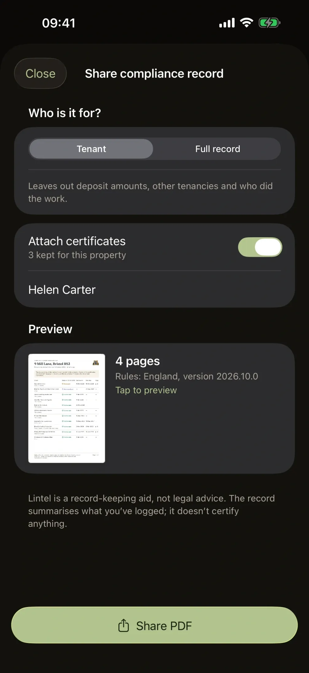 Lintel: Landlord Logbook screenshot 6 (dark mode)